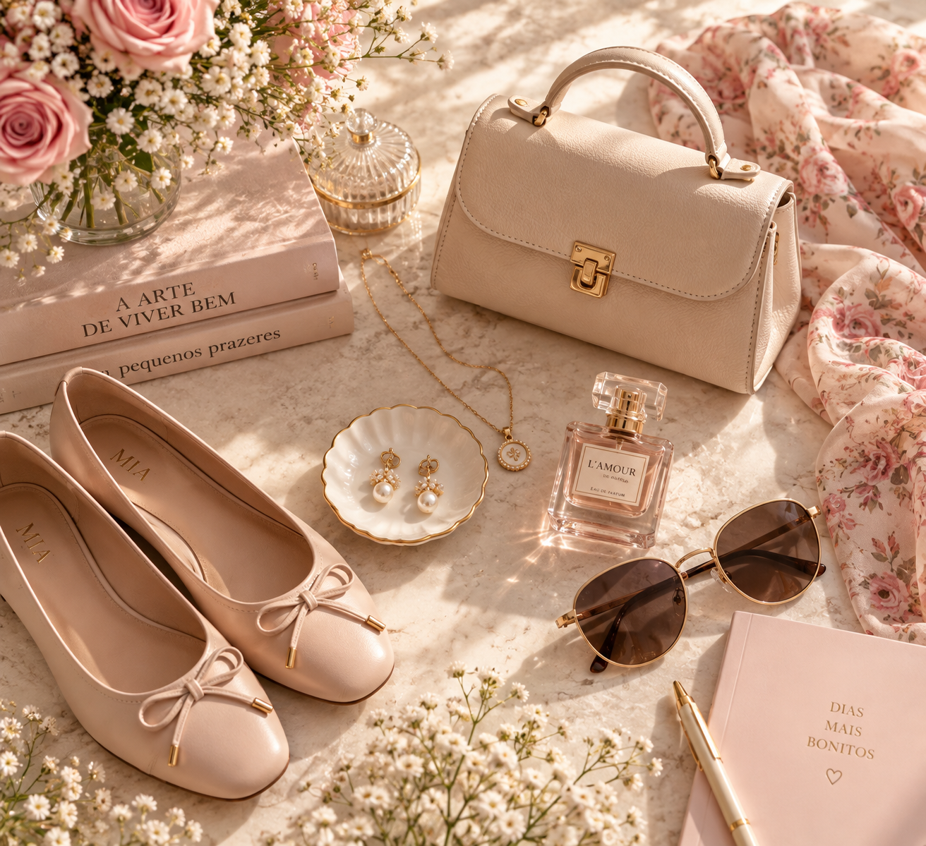Acessórios delicados para vestidos românticos com bolsa clara, sapatilhas, joias, perfume e detalhes florais.