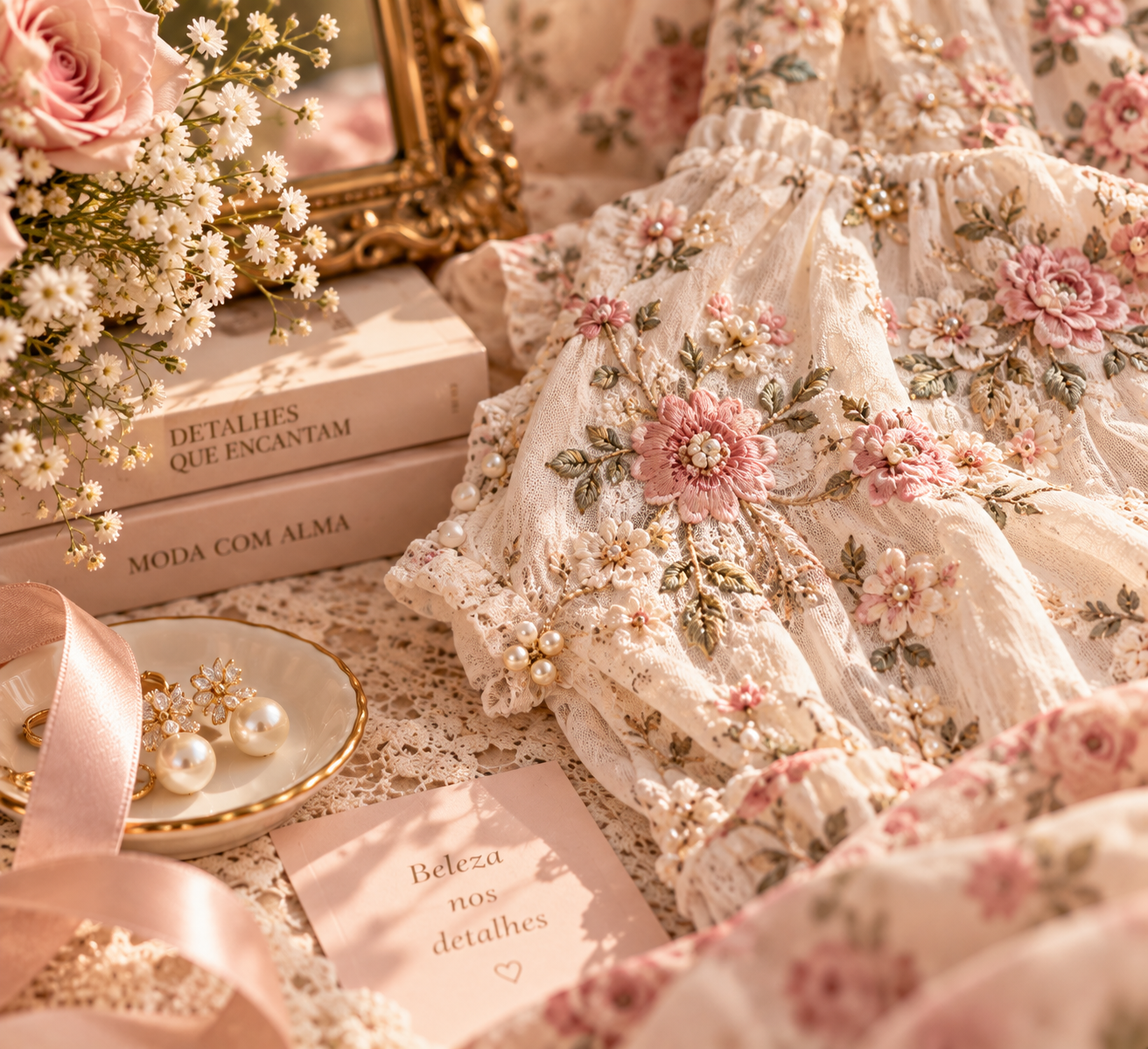 Detalhes de bordados florais, renda, pérolas e acessórios delicados em tons de rosa e creme.