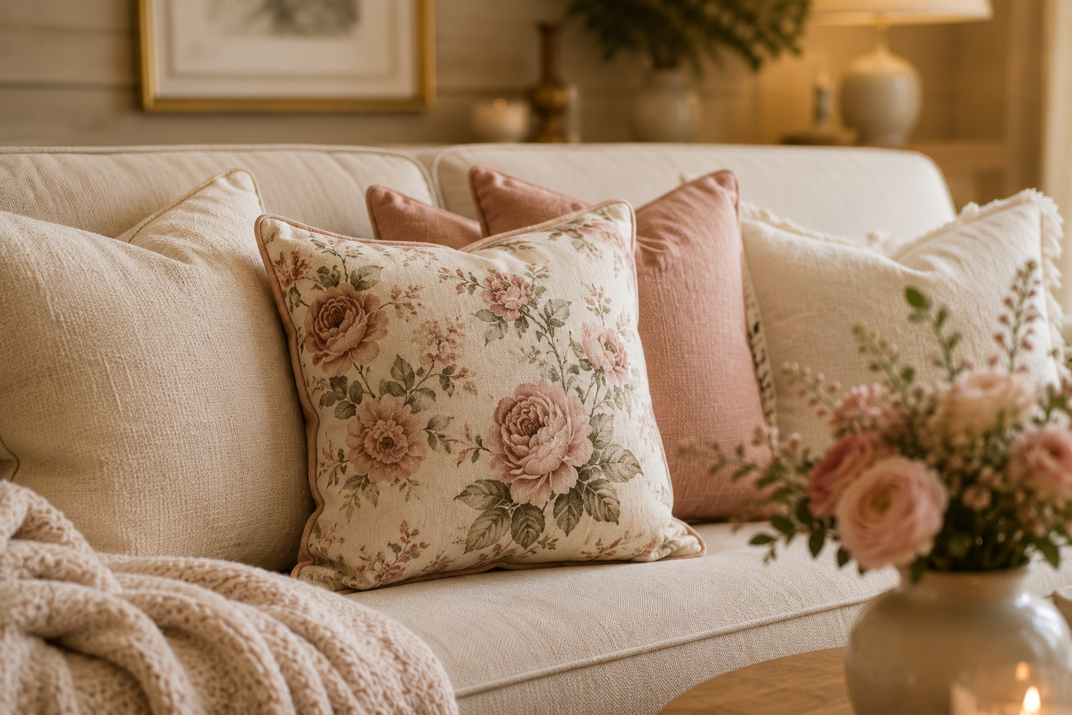 Sofá claro com almofada floral delicada combinada com almofadas lisas