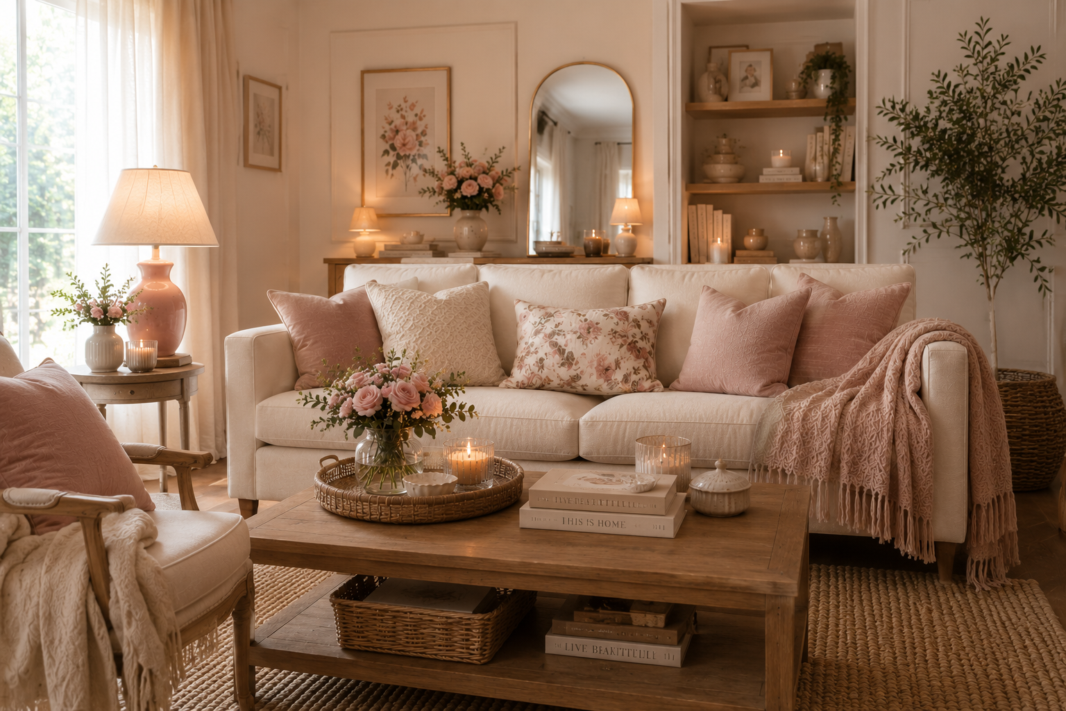 Sala com decoração romântica delicada em tons neutros, rosa antigo e madeira