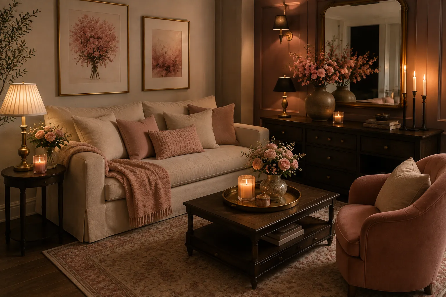 Sala romântica elegante com rosa antigo, madeira e pequenos contrastes escuros