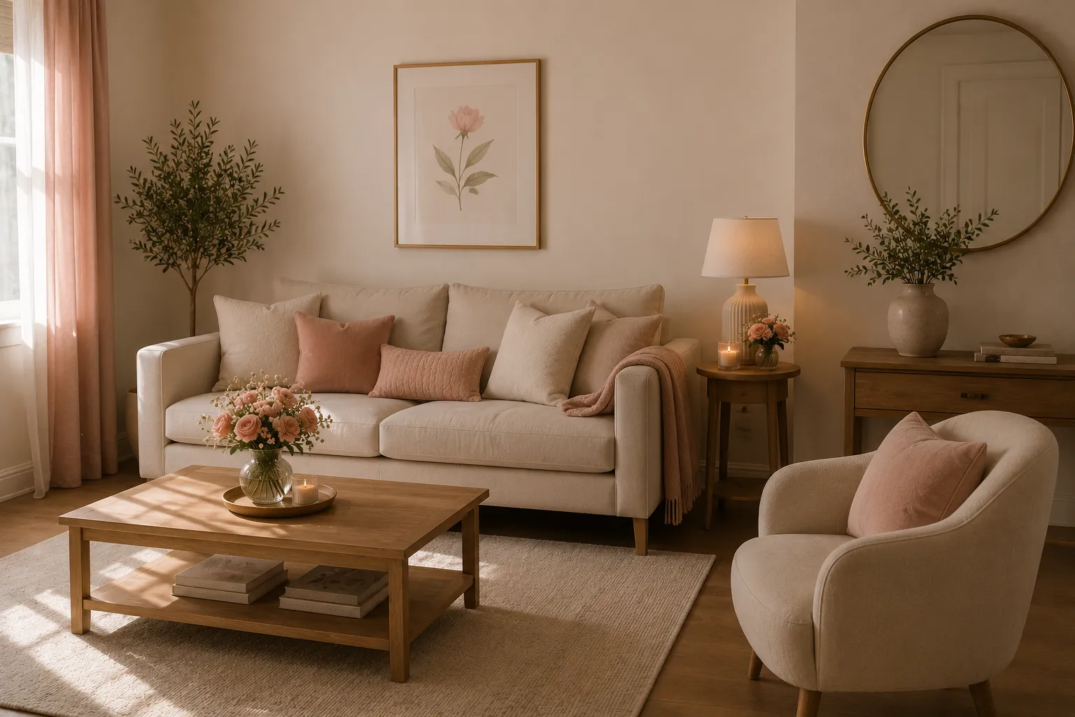 Sala romântica organizada com poucos objetos decorativos e bastante espaço visual