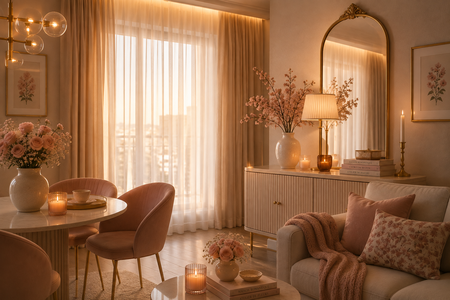 Ambiente romântico sofisticado com cortina clara, detalhes dourados e decoração delicada