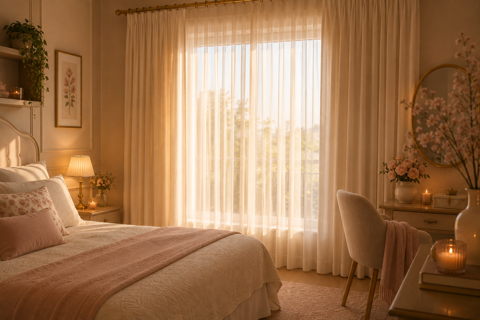 Quarto romântico com cortinas claras e longas até o piso