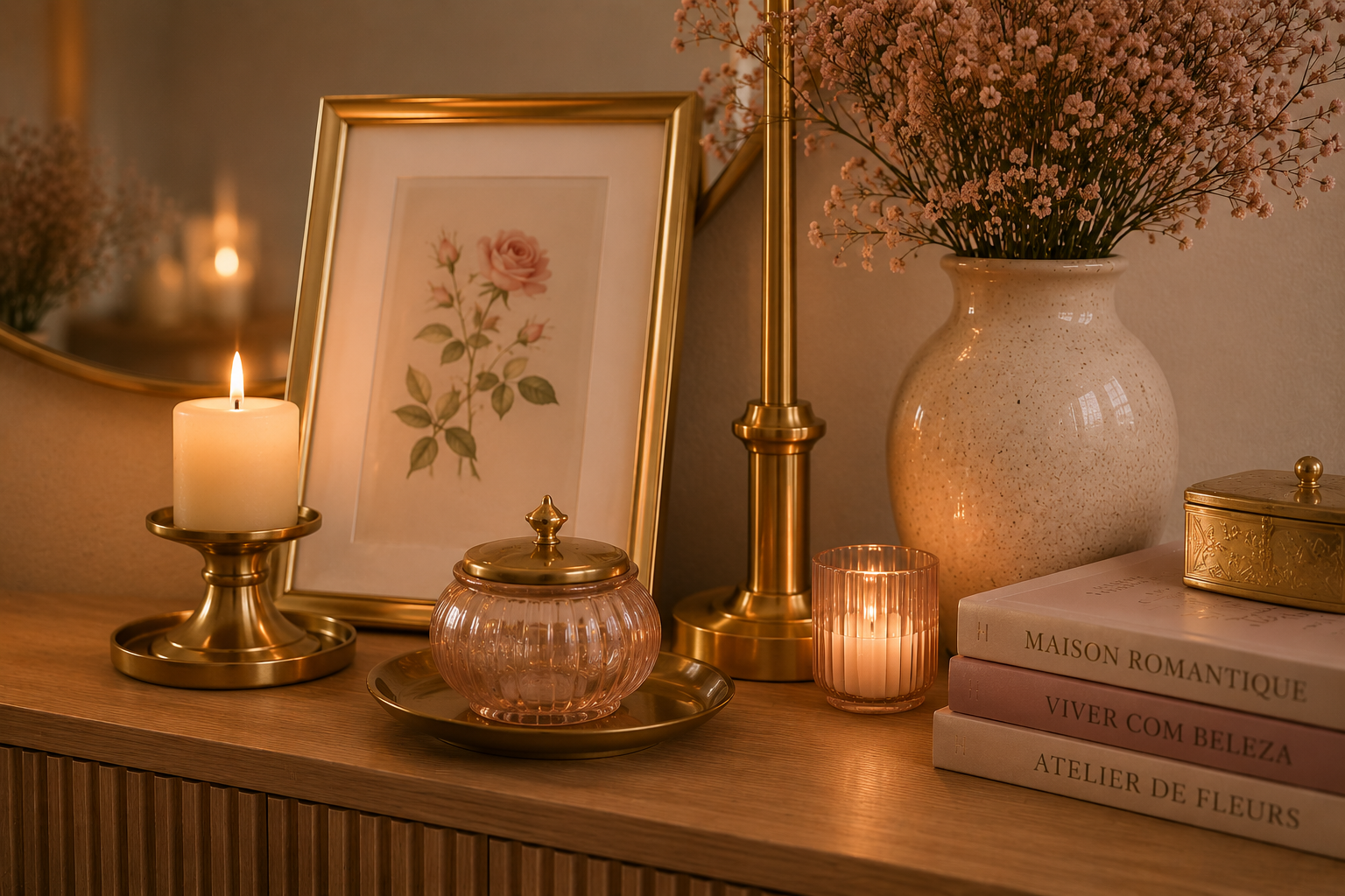 Decoração elegante com pequenos detalhes em dourado fosco e madeira