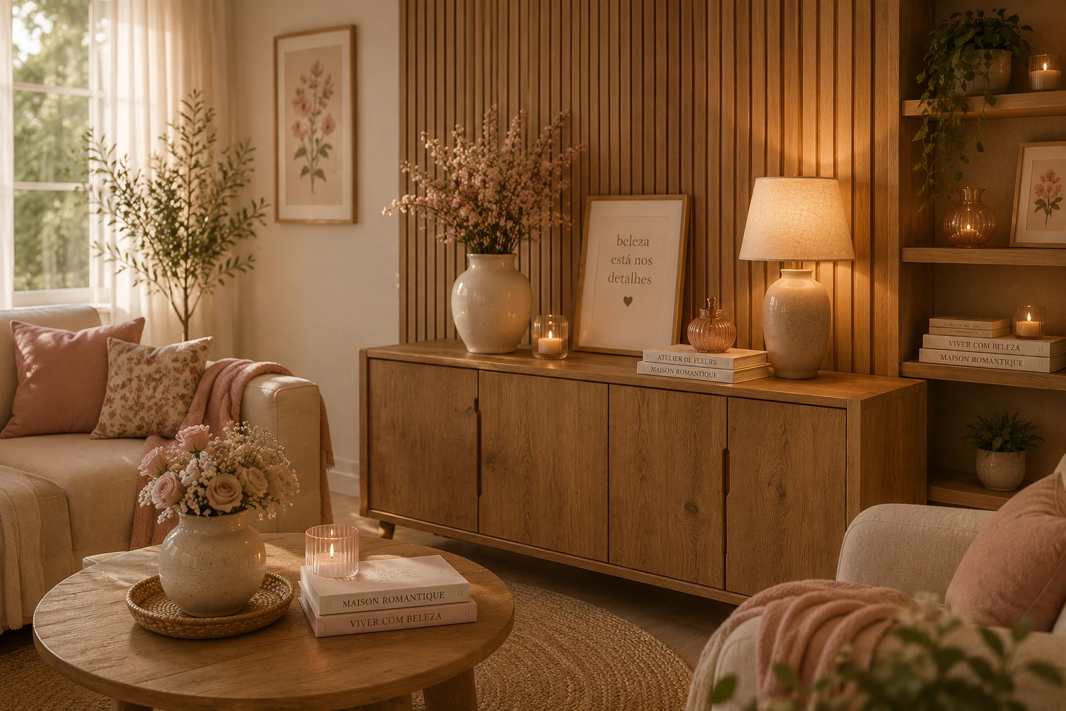 Decoração romântica em creme, rosa antigo e madeira natural