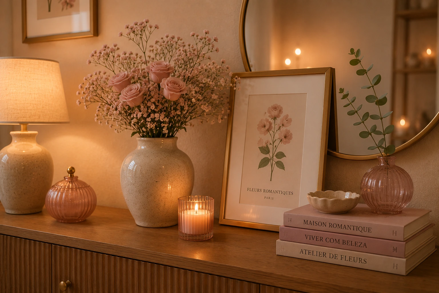 Parede com quadro botânico delicado e decoração romântica sofisticada
