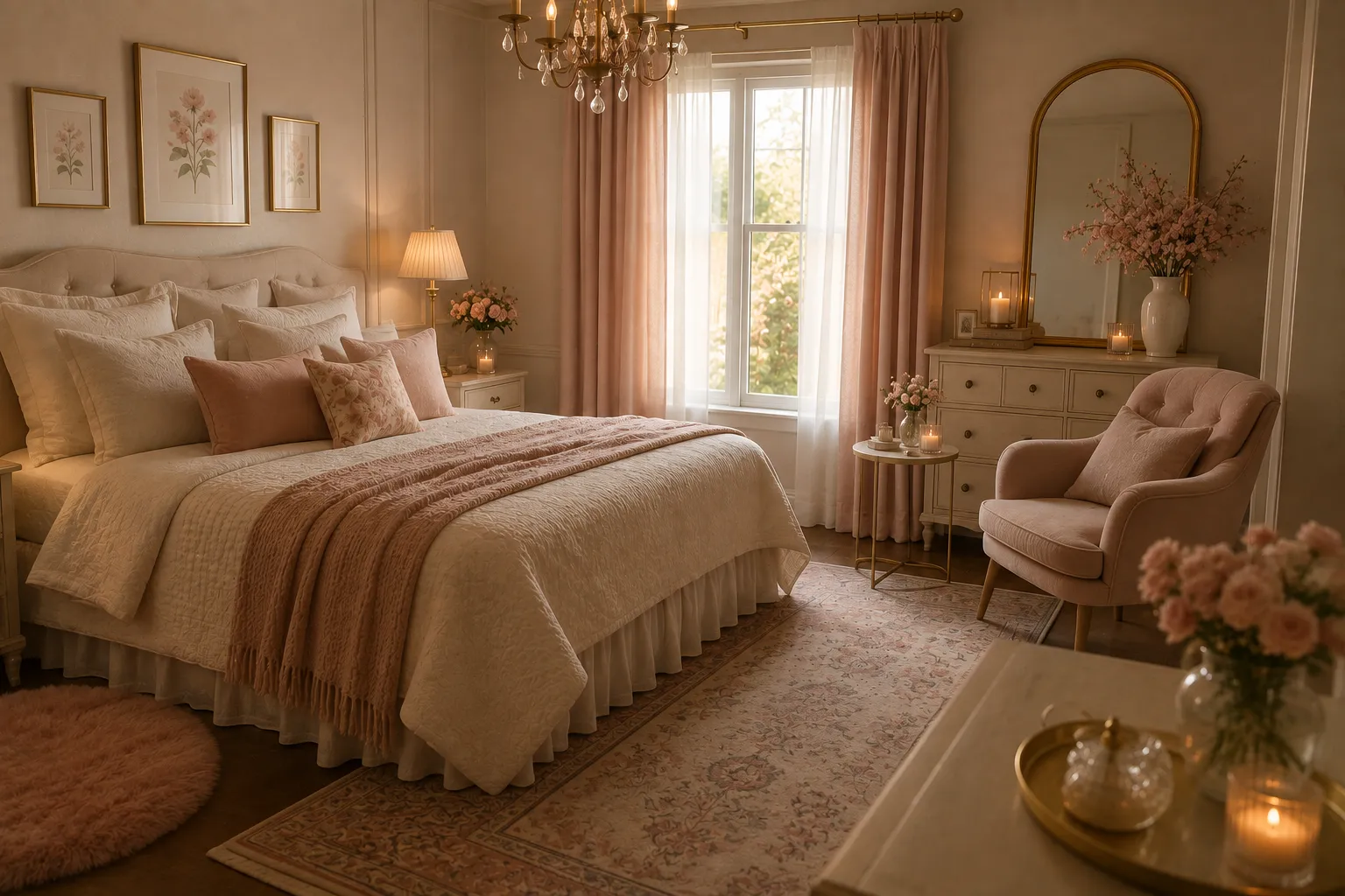 Quarto romântico elegante com roupa de cama clara, rosa antigo e madeira
