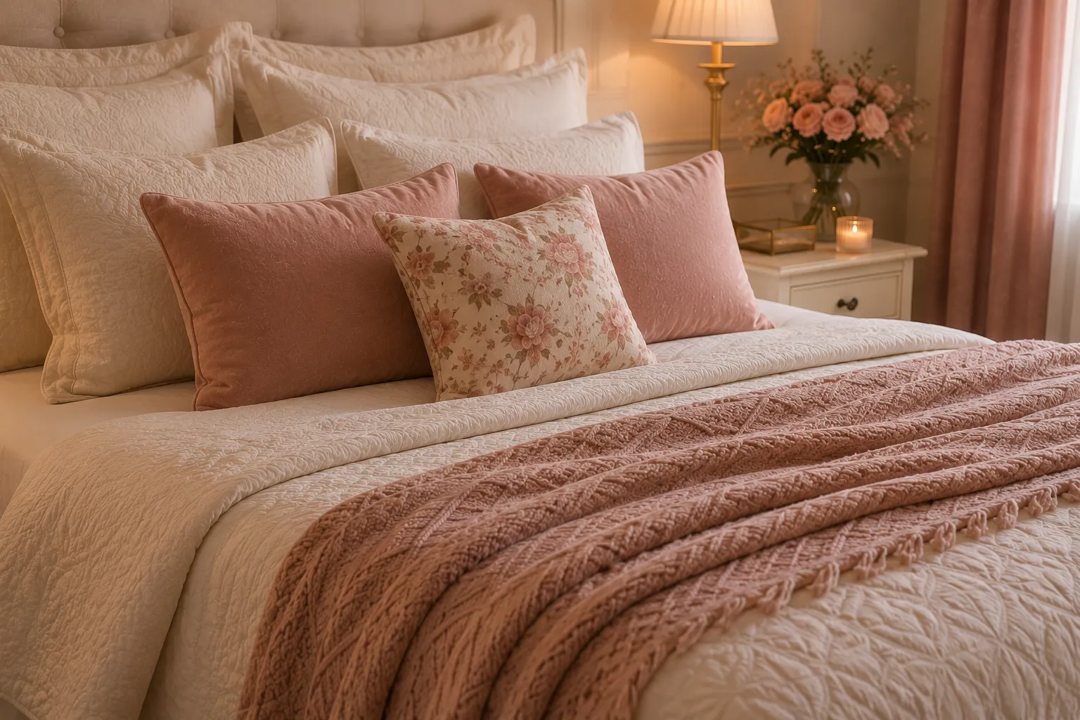 Cama elegante com roupa de cama neutra, manta rosa antigo e almofadas delicadas