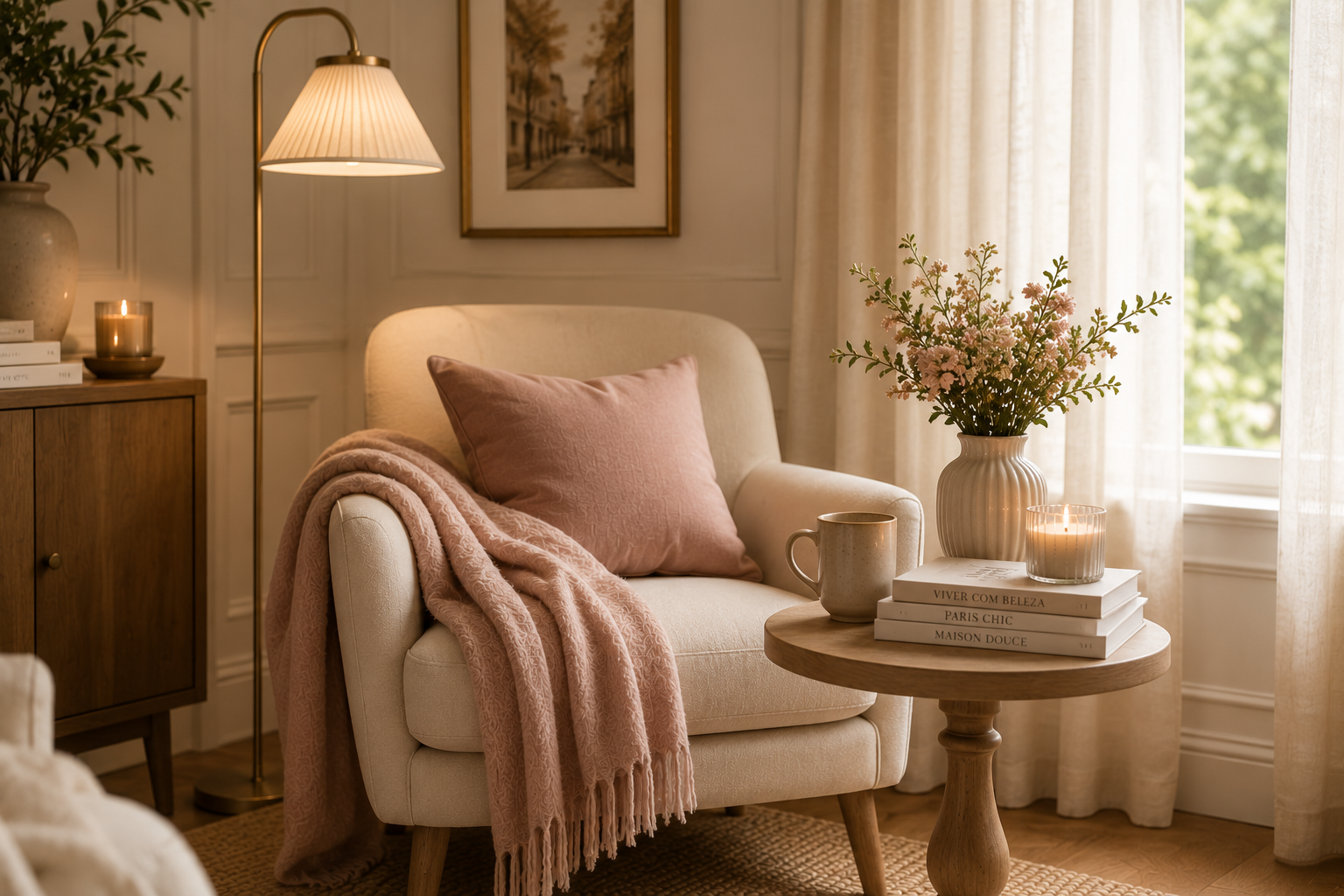 Decoração de sala em tons creme com pequenos detalhes em rosa antigo