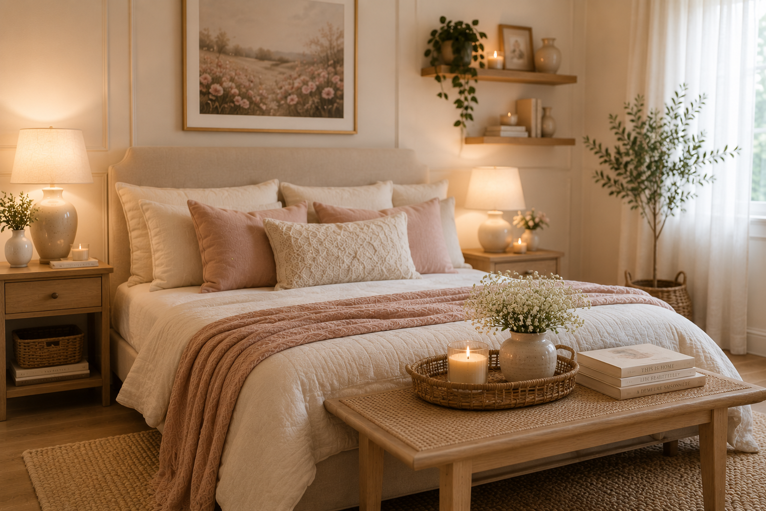 Quarto romântico aconchegante com roupa de cama clara, manta rosa antigo e tecidos texturizados