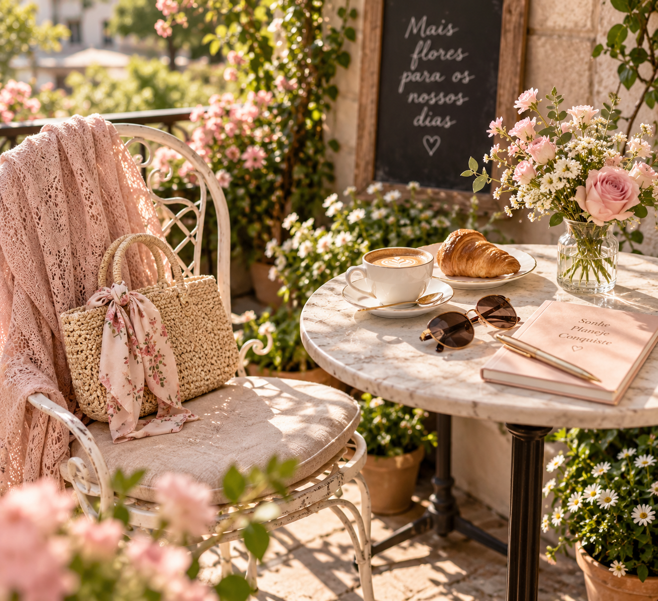 Café romântico em jardim com bolsa de palha, flores, acessórios delicados e tons de rosa, inspiração para looks femininos.