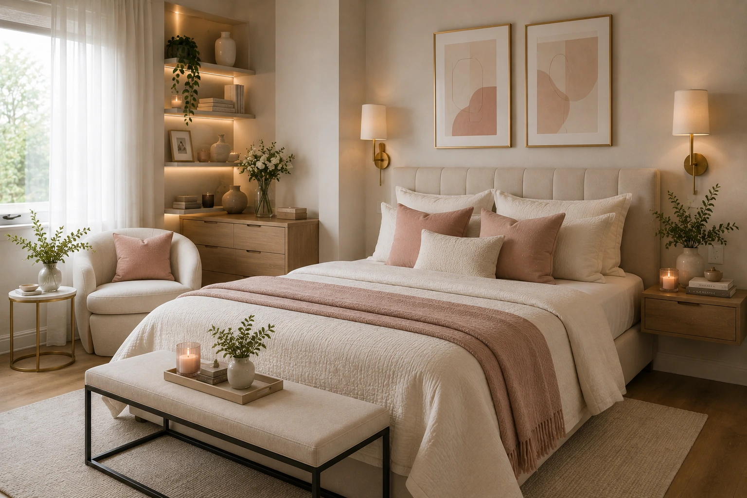 Quarto elegante em tons neutros com detalhes em rosa antigo e madeira.
