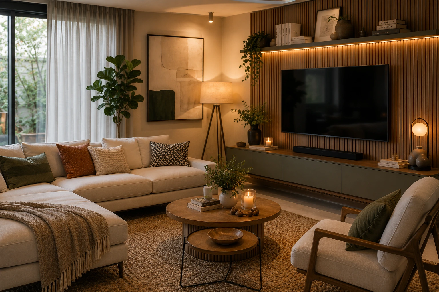 Sala aconchegante e elegante em tons neutros com madeira e decoração delicada.