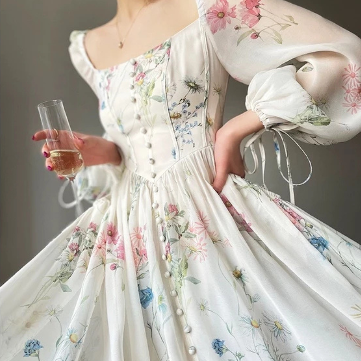Vestido branco florido estilo fada com estampa delicada e visual romântico feminino.