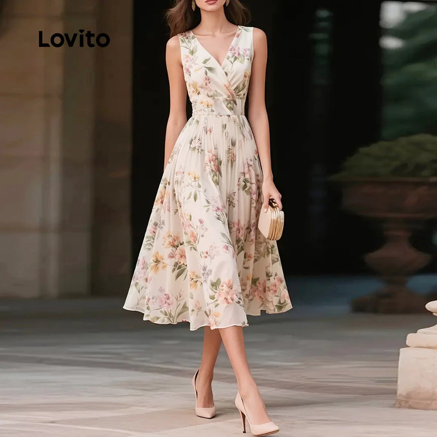 Vestido florido leve feminino Lovito com estampa delicada e estilo romântico.