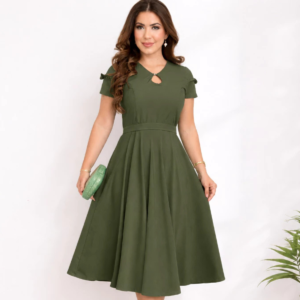 Vestido midi godê feminino rodado e acinturado em tecido leve premium para igreja e eventos