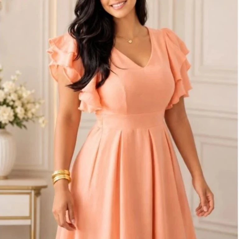 Vestido Midi Elegante com Mangas em Babados – Duna Linho Sofisticado