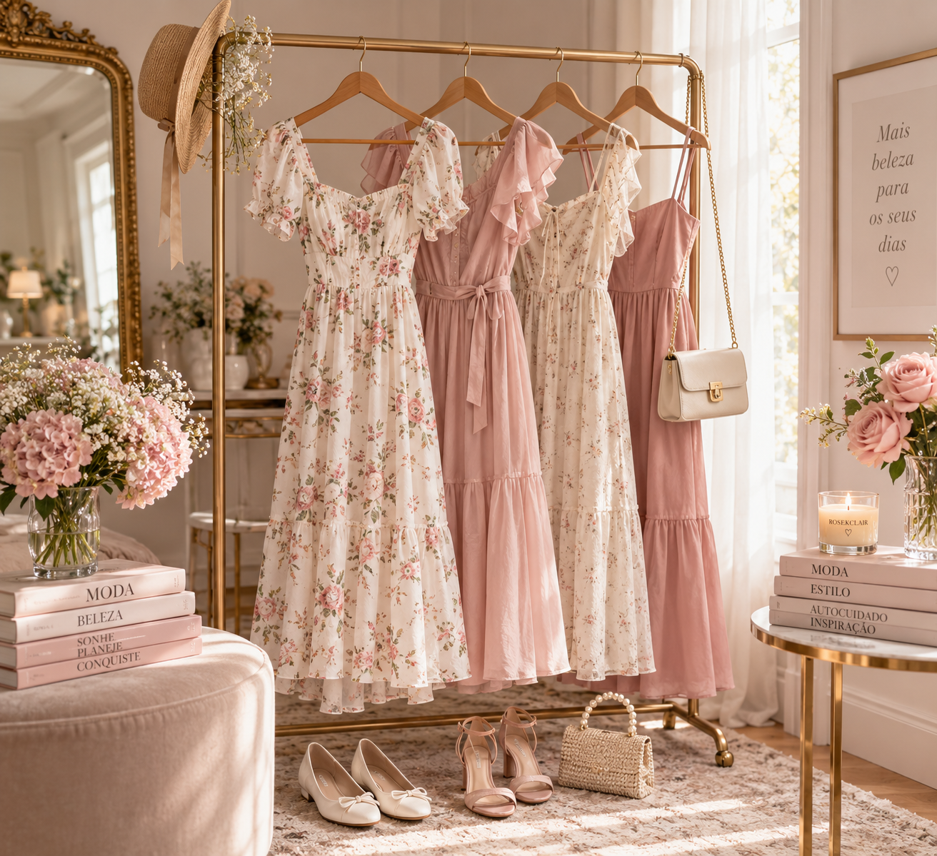 Vestidos românticos e delicados em tons florais e rosa antigo em uma arara com acessórios femininos.