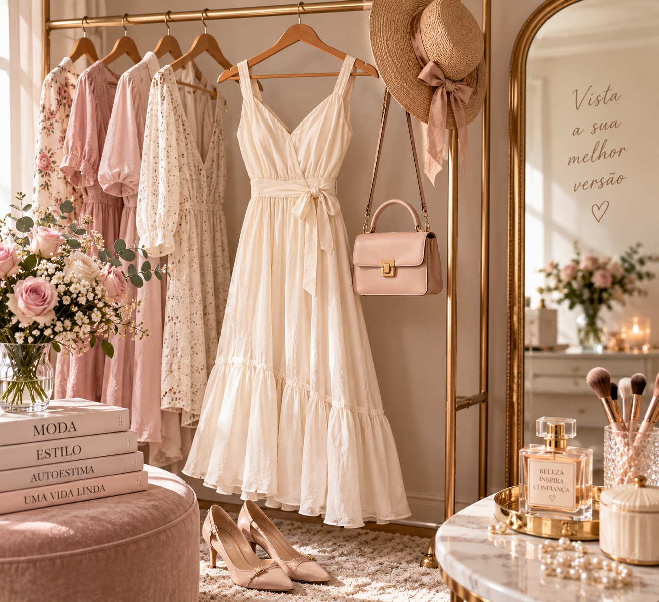 Vestidos românticos em tons de rosa, floral e creme com bolsa, sapatos e acessórios delicados em closet elegante.